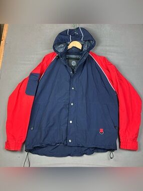 Seadoo Bombardier Men’s Size L Hooded Windbreaker Jacket Full Zip Navy & Red. In